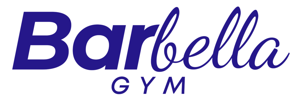 The image shows the logo "Barbella GYM." The word "Bar" is in bold, dark blue sans-serif font, and "bella" is in a cursive script. Below, "GYM" is written in spaced-out capital sans-serif letters. The background is light gray.
