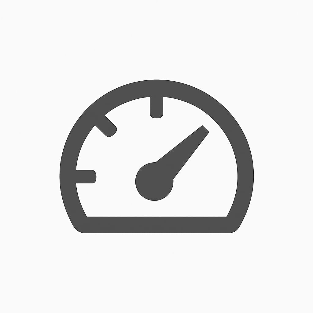 A simple black speedometer icon on a white background. The semicircular gauge has four tick marks, and a needle points diagonally upward to the right, suggesting a moderate speed or level.