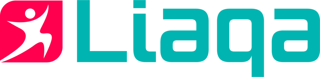 Logo with the word "Liaqa" in bold turquoise letters. To the left, a pink square features a white abstract figure in motion, resembling a person leaping or dancing, symbolizing energy and vitality. The design is modern and dynamic.