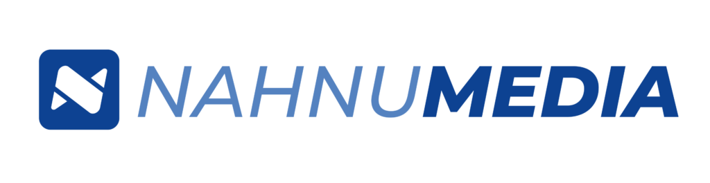 A logo with a blue square icon featuring a white abstract design on the left. To the right, the words "NAHNU MEDIA" are written in bold, blue and light blue uppercase letters on a light gray background.