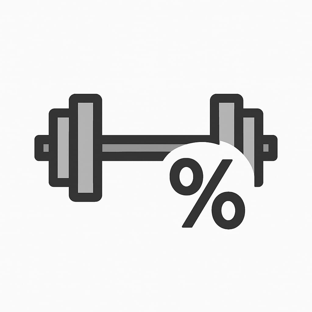 A stylized gray barbell with two weight plates on each side is shown. In front of the right side of the barbell, a bold black percent (%) symbol partially overlaps the weights on a plain white background.