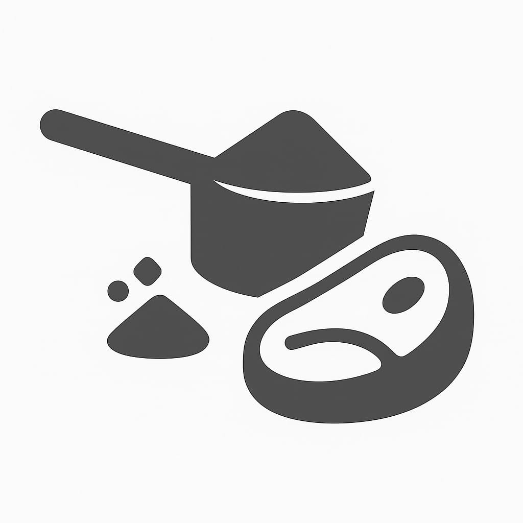 Simple black and white icon showing a scoop of protein powder with a heap next to it and a steak, representing dietary protein sources. The design is minimal, with clean shapes and no background detail.